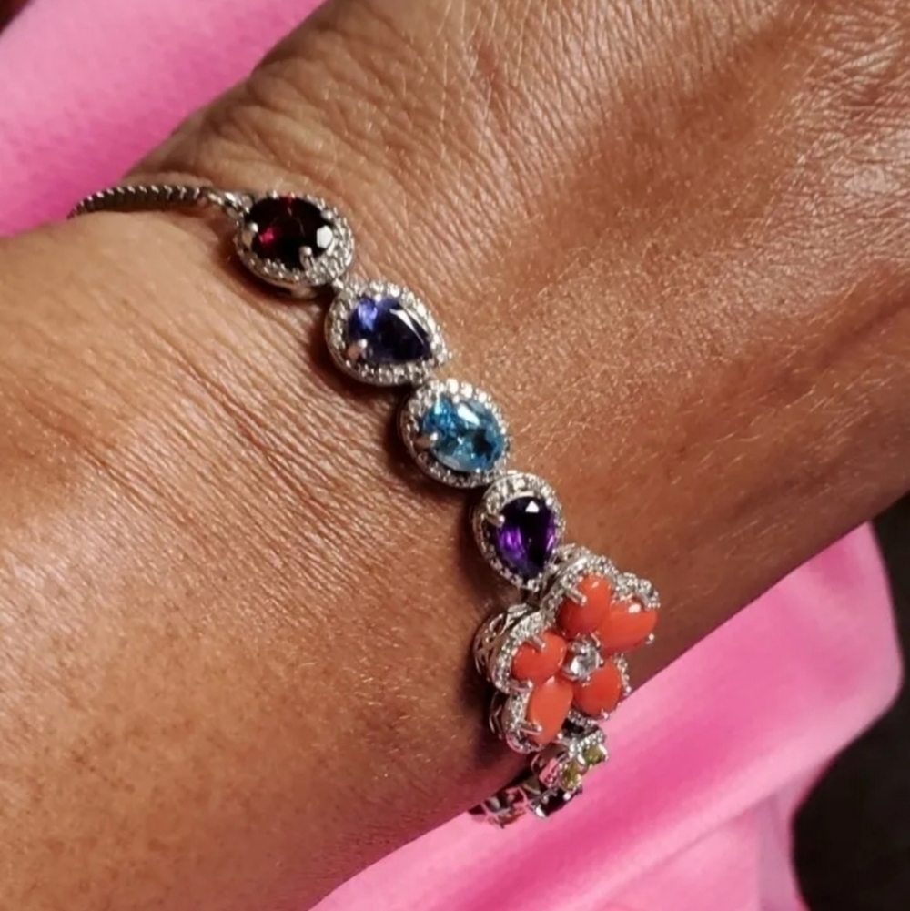 Mediterranean Coral Multigemstone Sterling Silver Bracelet - Picture 5 of 6